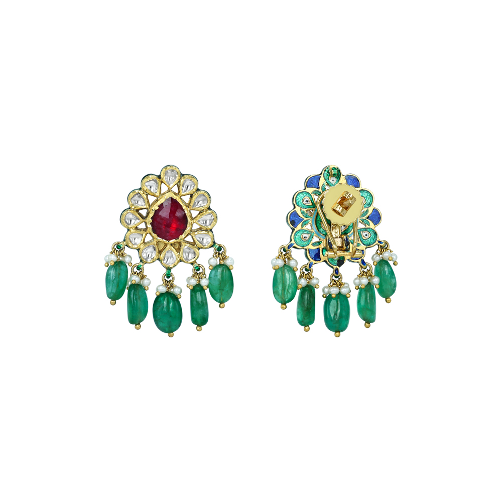 Red Gemstone Earrings with Polkis and Emerald Drops